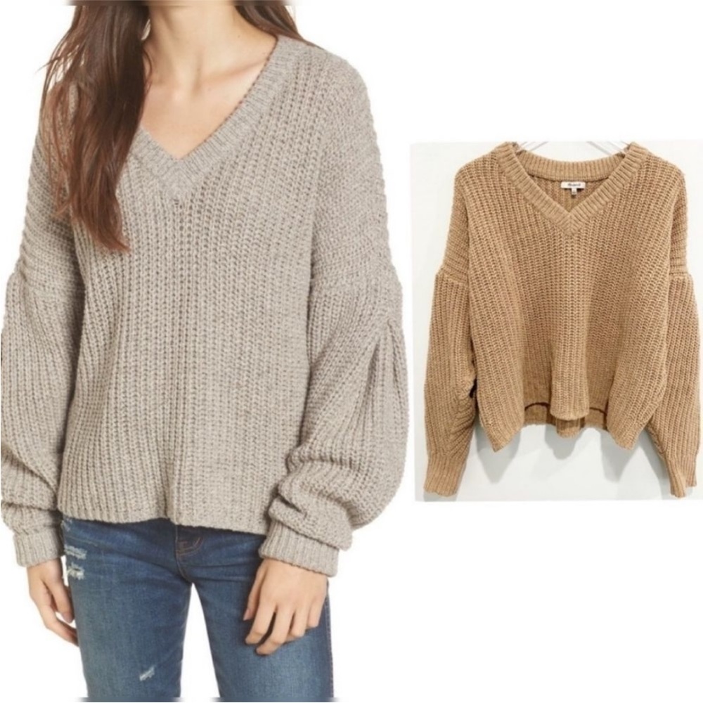 Madewell V-Neck Pleat Sleeve Tan Ribbed Cropped Sweater Size Medium